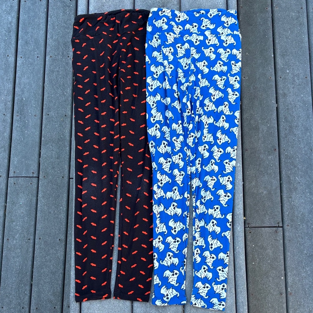 Women Halloween Legging Bundle, Black with Red Bats, Blue with White Ghosts, OS